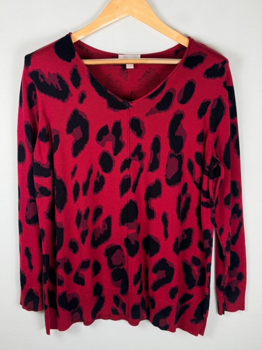 Bold Leopard Print V Neck Sweater Red Black Large Belle by Kim Gravel